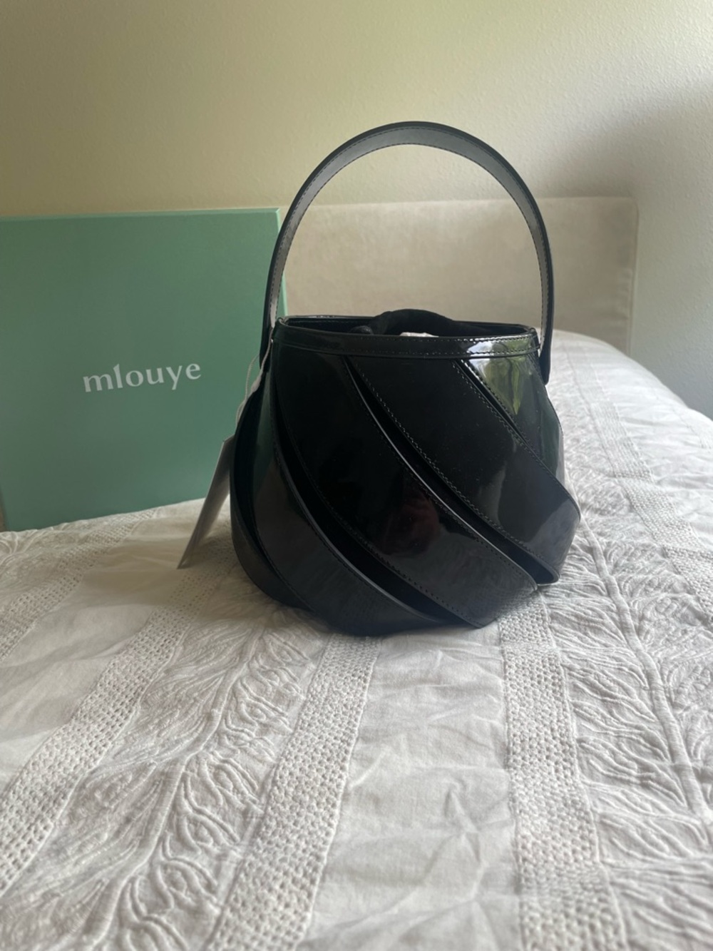 Mlouye Black Patent Helix Mini Bucket Bag